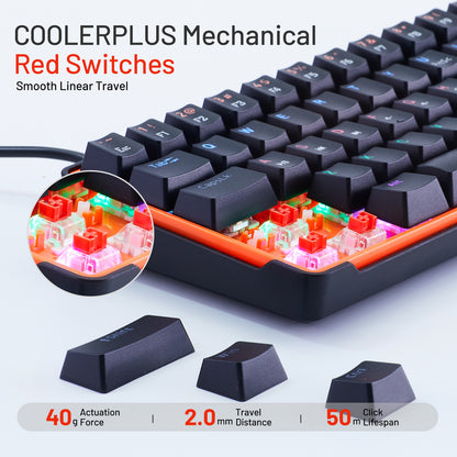 COOLERPLUS Wired Gaming Keyboard- 61 Keys Compact Mechanical Keyboard, Double Shot Keycaps with LED Backlit, Red Switch