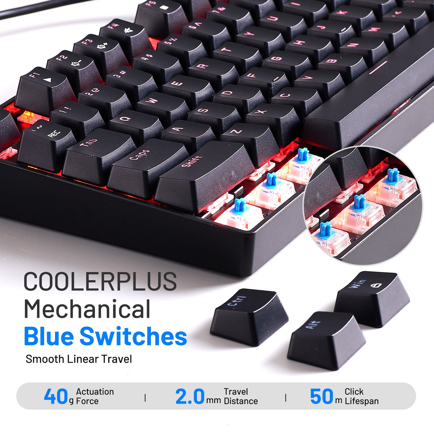 COOLERPLUS Wired Gaming Keyboard- 87 Keys Mechanical Keyboard, Double Shot Keycaps with LED Backlit, Blue Switch