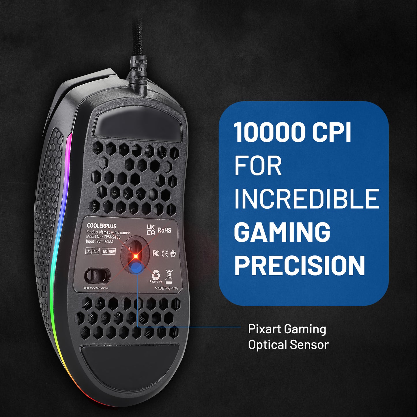 Coolerplus Gaming Mouse with 16.8 Million RGB Color Backlit, 10000 DPI Adjustable, Comfortable Grip, Programmable Buttons by Software