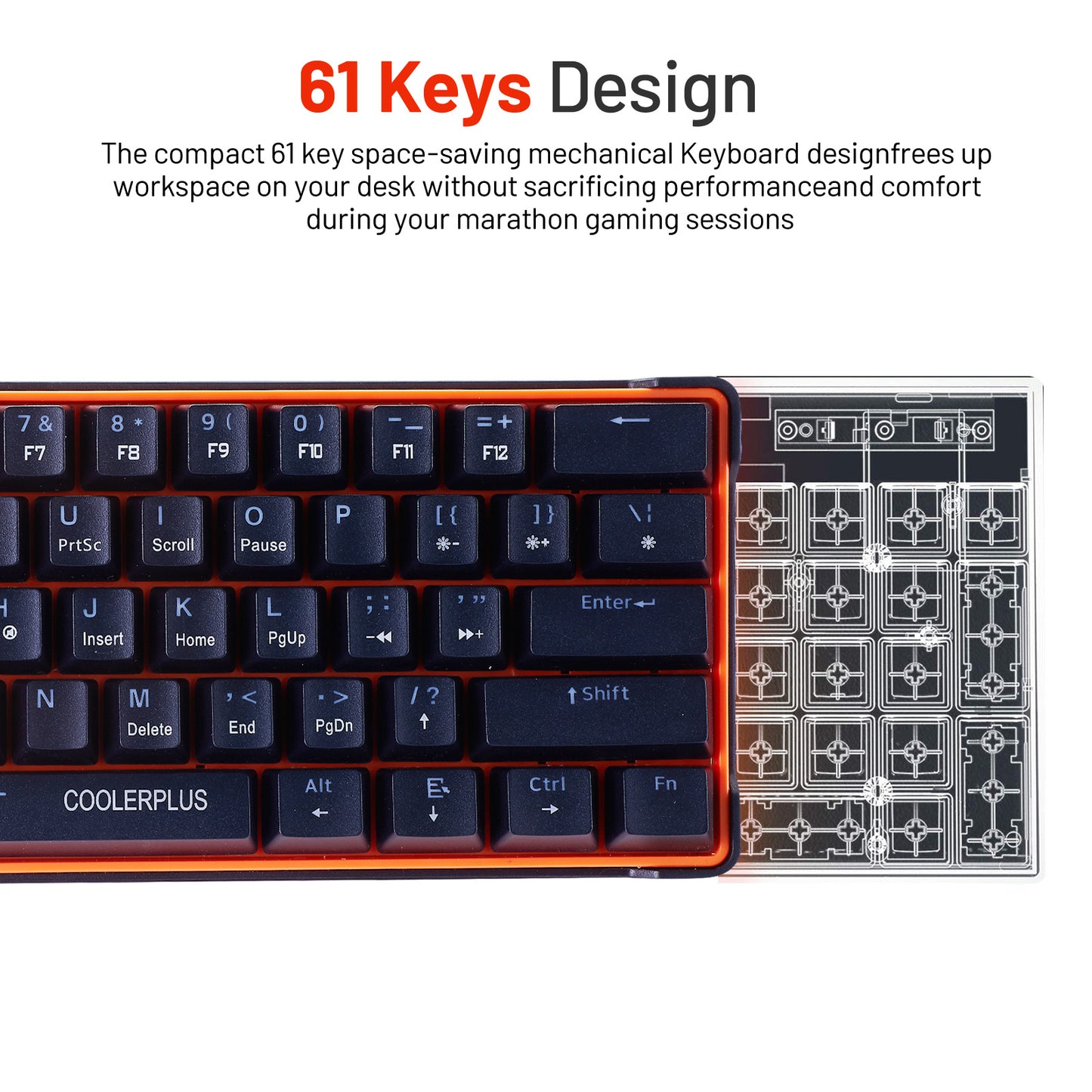 COOLERPLUS Wired Gaming Keyboard- 61 Keys Compact Mechanical Keyboard, Double Shot Keycaps with LED Backlit, Red Switch