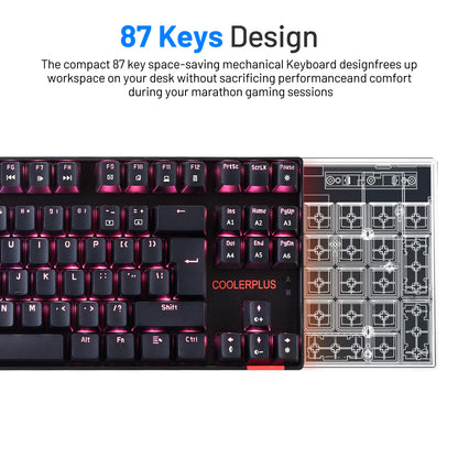 COOLERPLUS Wired Gaming Keyboard- 87 Keys Mechanical Keyboard, Double Shot Keycaps with LED Backlit, Blue Switch